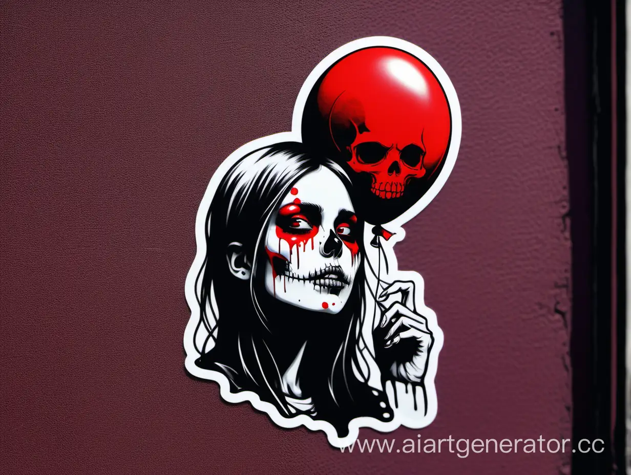 girl red ballon, skull face, fluid, high contrast, street art style, sticker