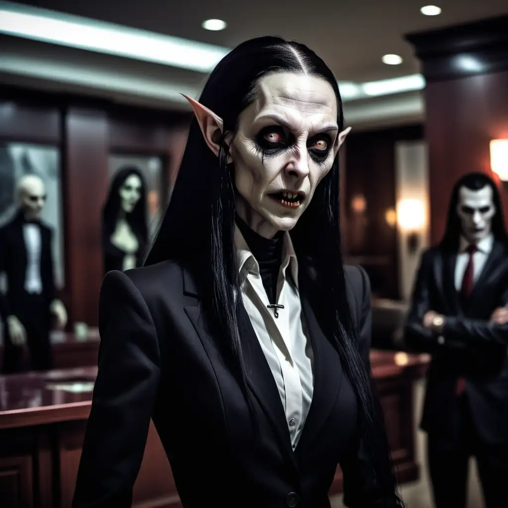 A female Nosferatu, she's wearing a suit, she has bestial features, she has long black hair with a receding hairline, she has sharp teeth, she's talking to a few other vampires, inside in a lobby, realistic
