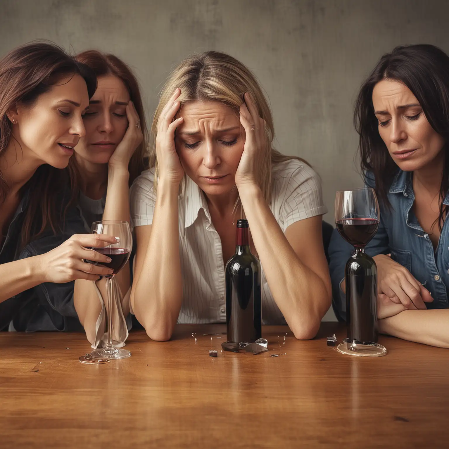 Create an image of a 45 year old woman broken and depressed with her friends drinking wine