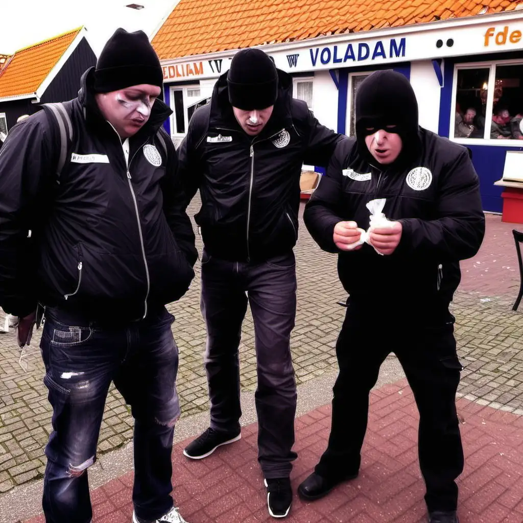 Football hooligans in black jackets snorting cocaine in Volendam
