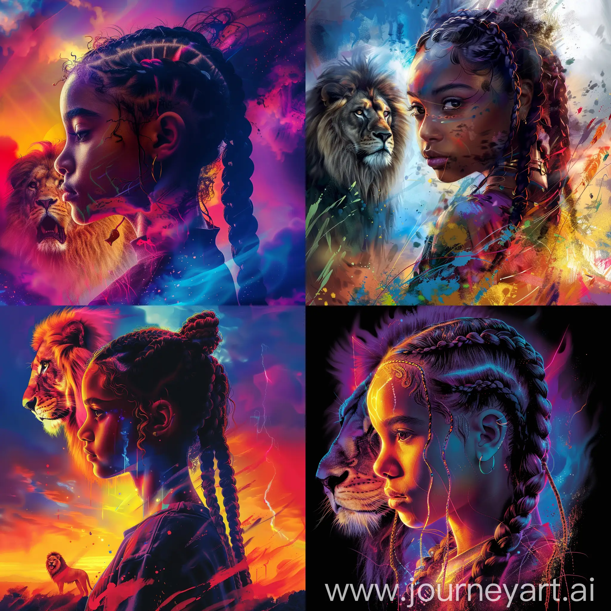 Vibrant-Portrait-of-a-Girl-with-Braids-and-Lion-in-Background
