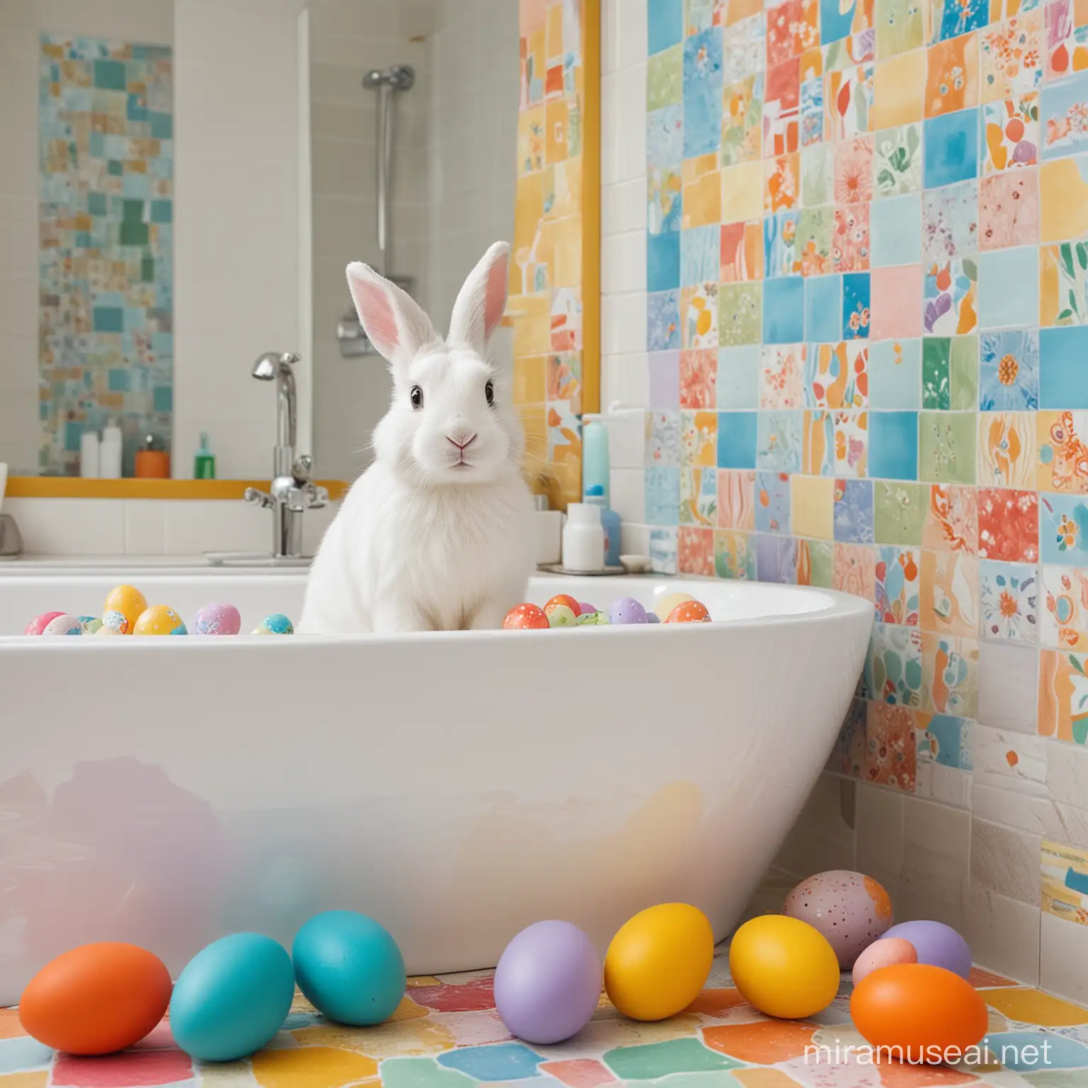 Ostern mit einem Osterhasen und bunten Ostereiern  im bunt gefliesten Badezimmer