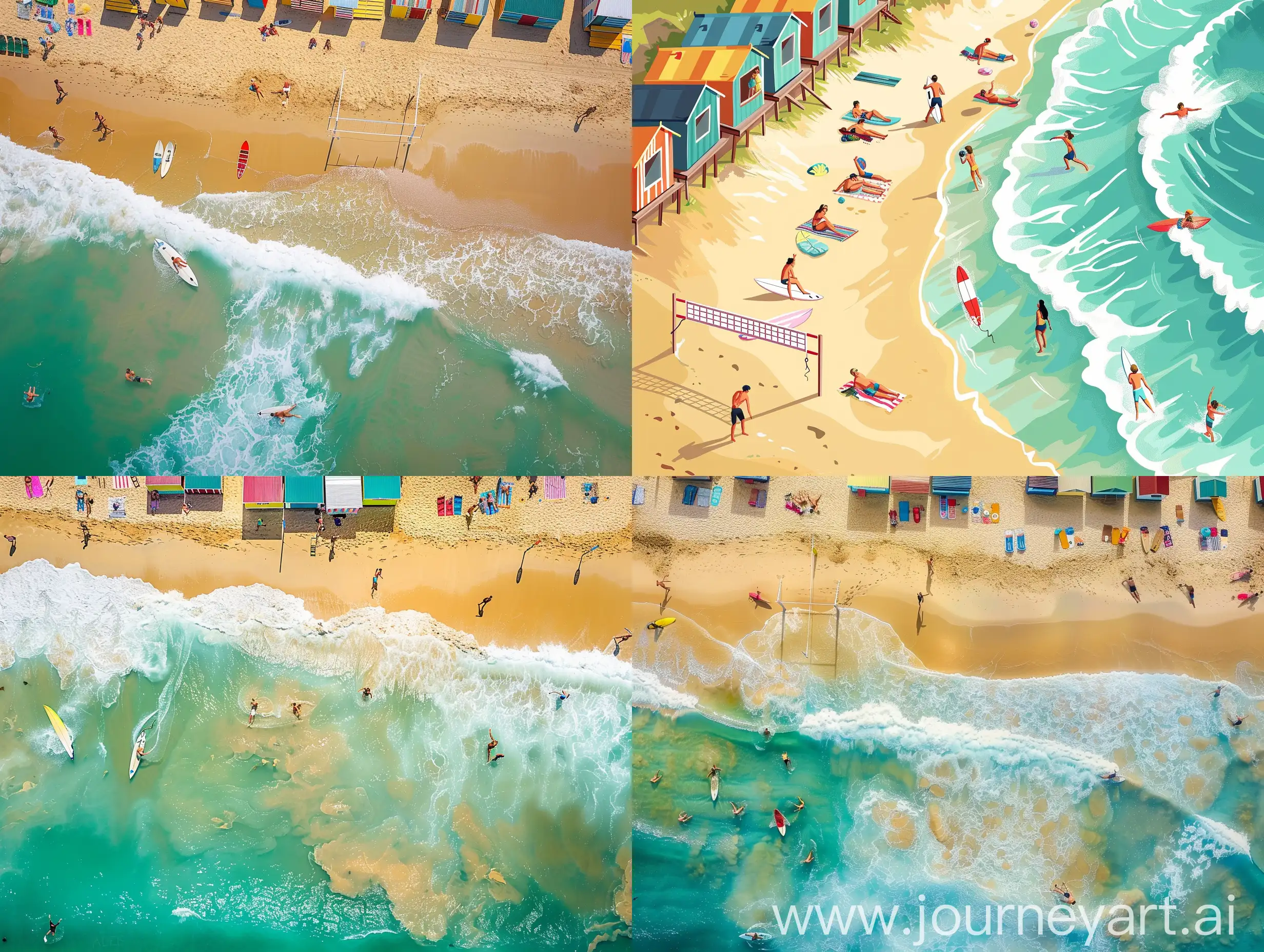 Vibrant-Australian-Beach-Activities-Surfers-Sunbathers-and-Beach-Volleyball