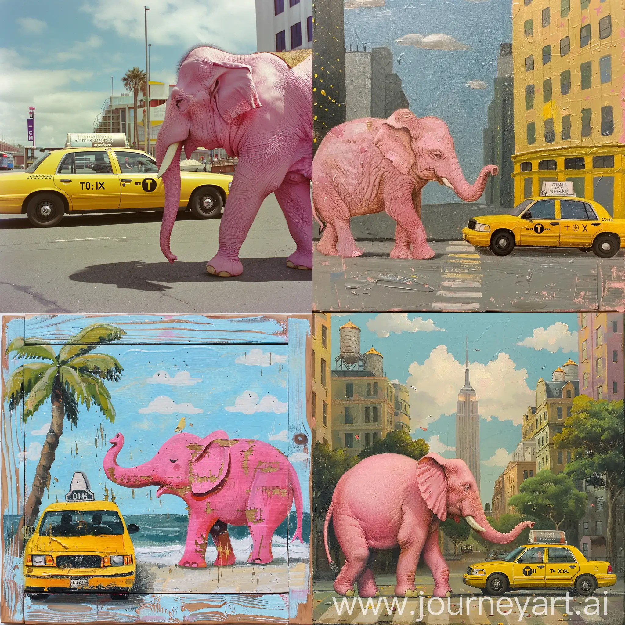 Vibrant-Pink-Elephant-and-Yellow-Taxi-Encounter