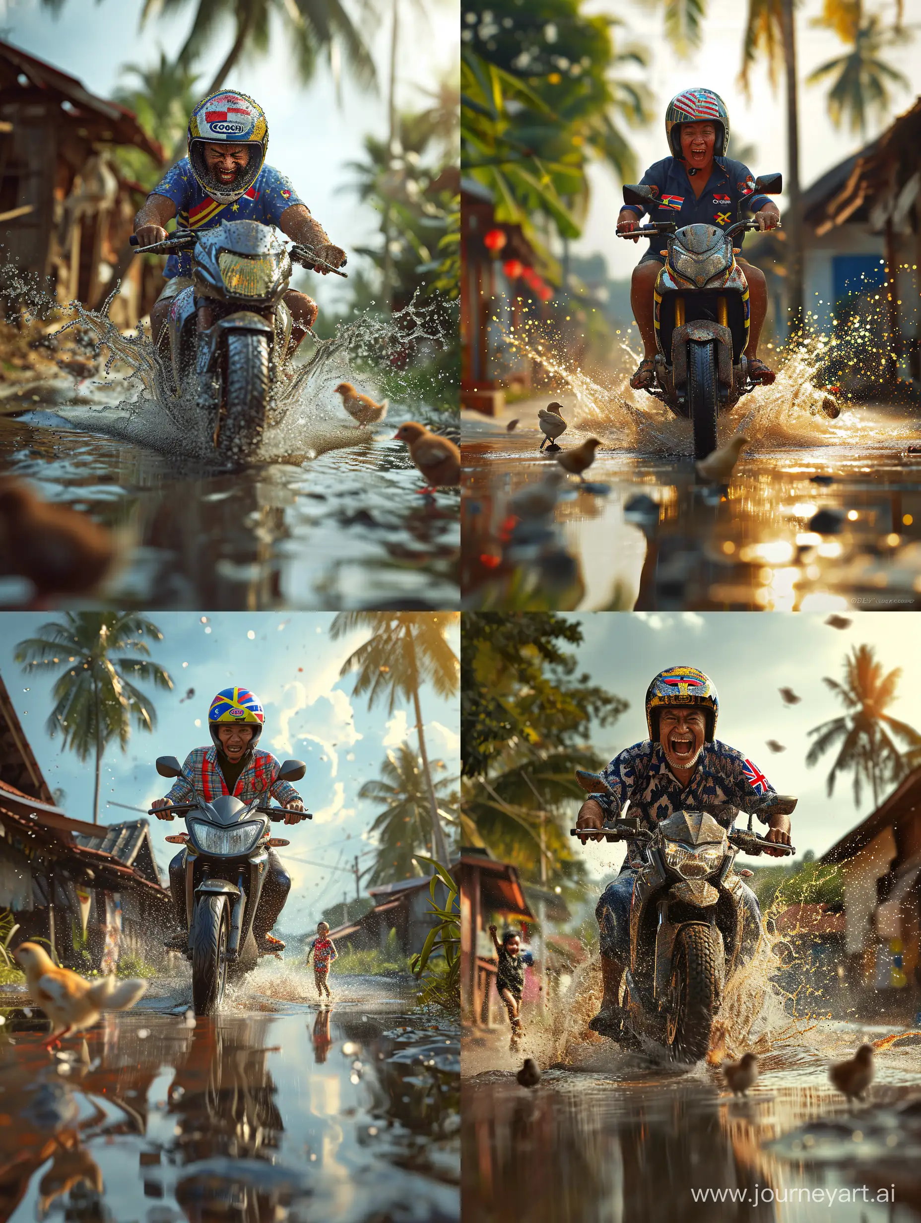 ultra realistic, Malay uncle rides a superbike wearing a helmet. on the helmet there is a malaysian flag pattern. POakcik screamed with pleasure. through puddles and splashes of water. there are chicks running. background of Malay village and coconut trees. refraction of morning sunlight. canon eos-id x mark iii dslr --v 6.0