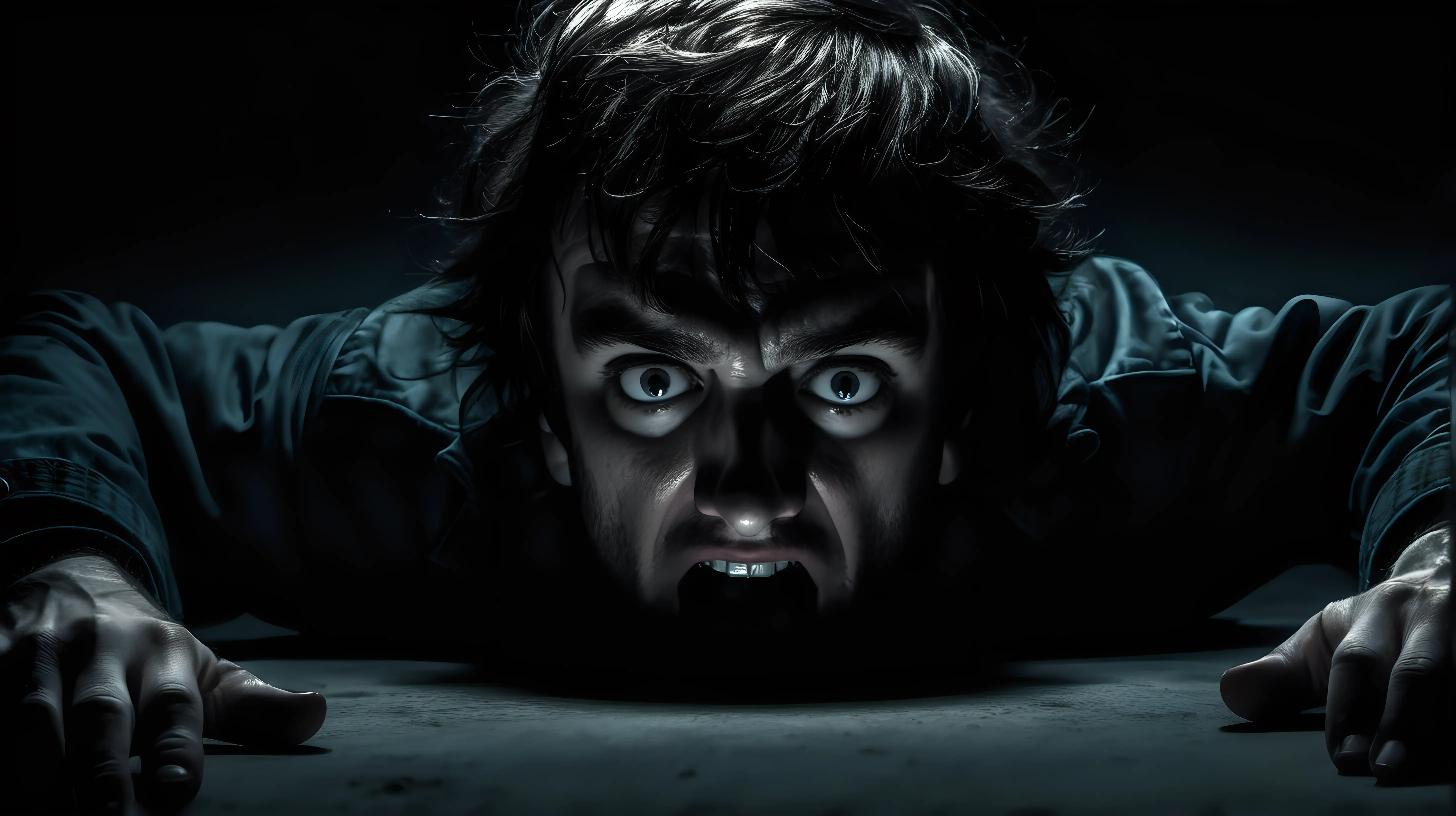 scared lying man in complete darkness small iron ring head upwards