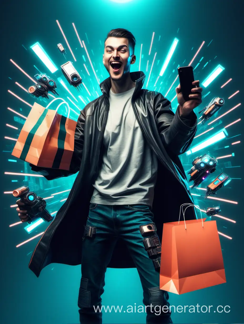 a man is celebrating a big purchase. in the style of futurism and cyberpunk

