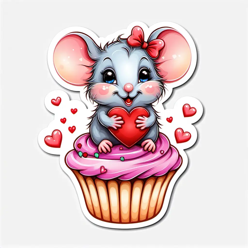 fairytale,whimsical,
COLORFUL
cartoon,valentine CUTE baby MOUSE STICKER, decorated cupcake
bright pastel, white background,