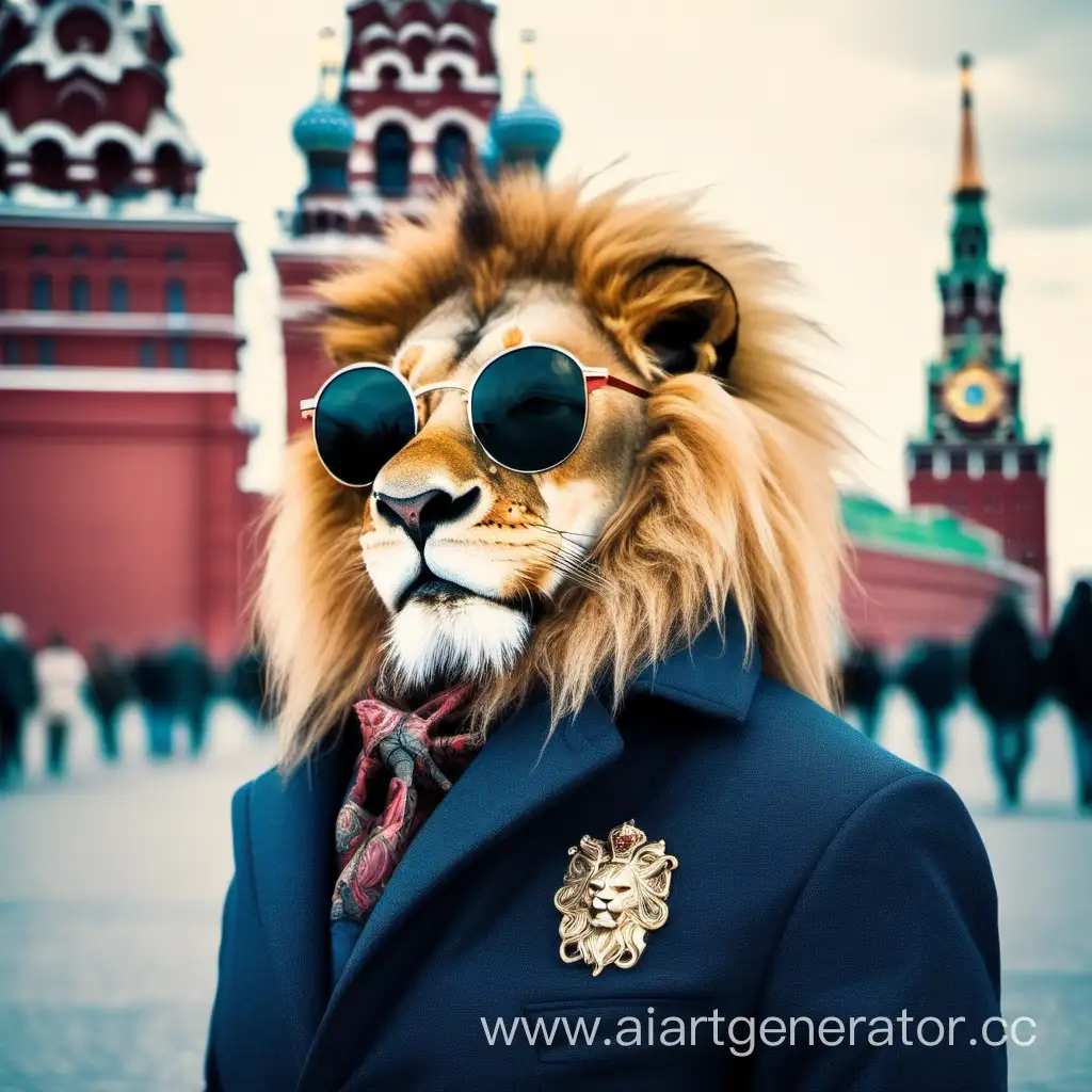 Лев в красивых очках в пиджаке и на фоне спасской башни