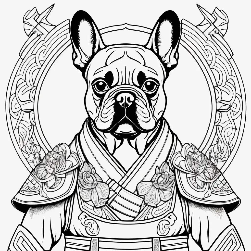 Create a simple, minimalistic coloring page featuring a young strong and beautiful French Bulldog samurai drawn in a realistic cartoon style. The central figure should be striking and ornate, featuring intricate designs inspired by traditional japanese warriors face painting. His gaze should be piercing and captivating, looking straight ahead as if staring into the soul of the viewer. The drawing should focus on a headshot capturing his serene expression in detail. Incorporating elements of fantasy. Aim for simplicity and clean lines making this coloring page and appealing and easy to color design for adults. White background, clean line art, fine line art --ar 17:22 --style raw