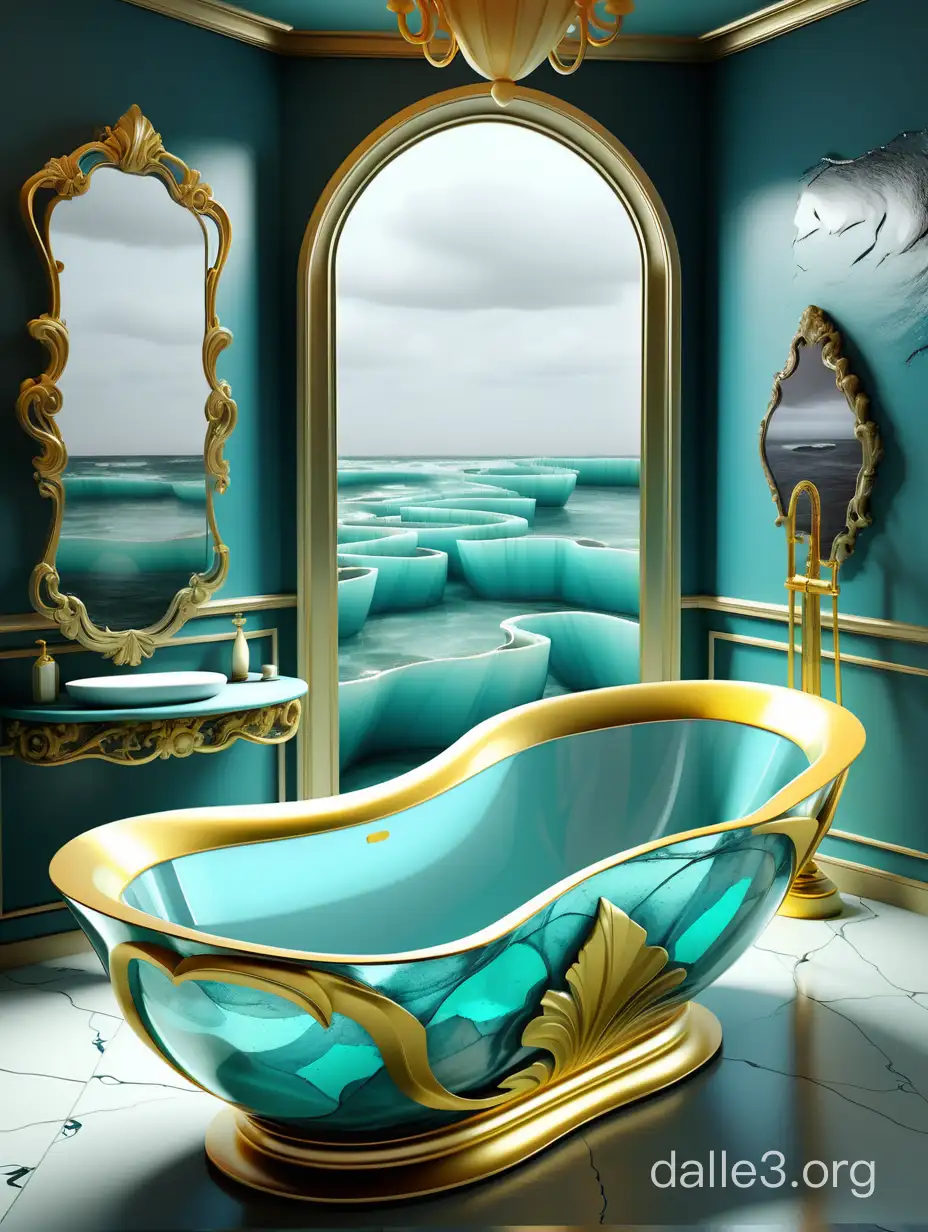 An elaborate blown glass bathtub with gold edges, in the style of aquamarine, chromatic sculptural slabs, mysterious seascapes, neo - concrete art, saturated color scheme, naturalistic rendering, aquirax uno