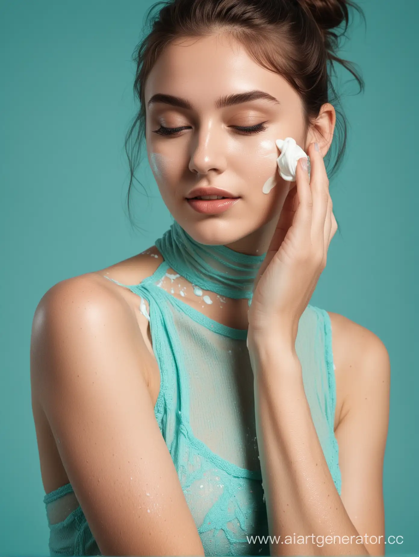 Girl-Applying-Cream-on-Turquoise-Background