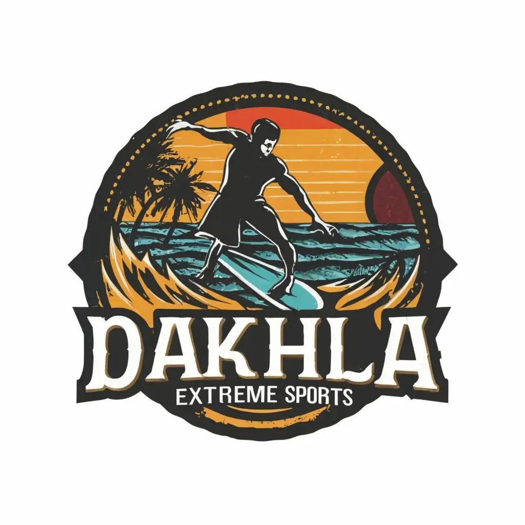 logo, surfing, with the text "Dakhla Extreme Sports", typography