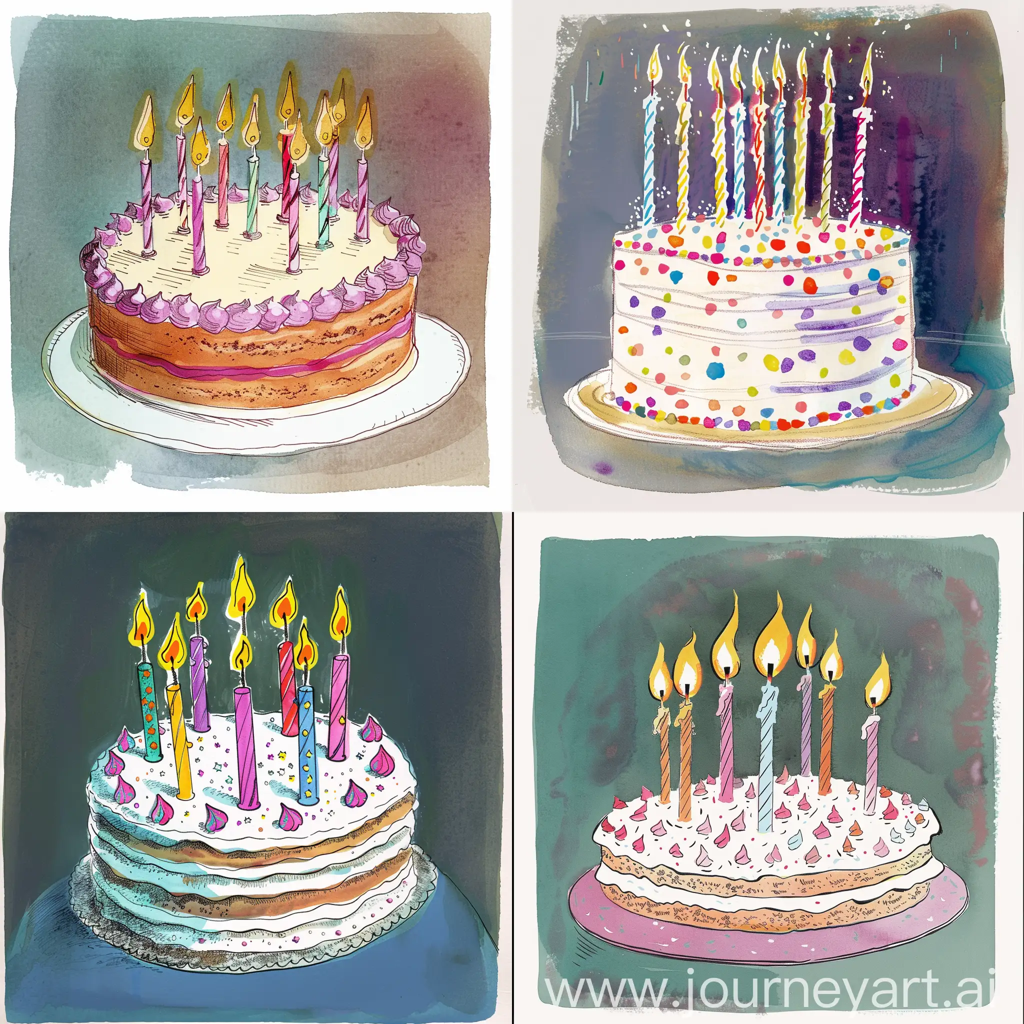 Quentin-Blakes-Whimsical-Illustration-of-a-Birthday-Cake-with-Glowing-Candles