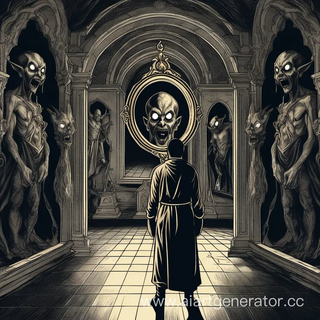 человек стоит в монастыре смотря в зеркало и видит там демона в отражении