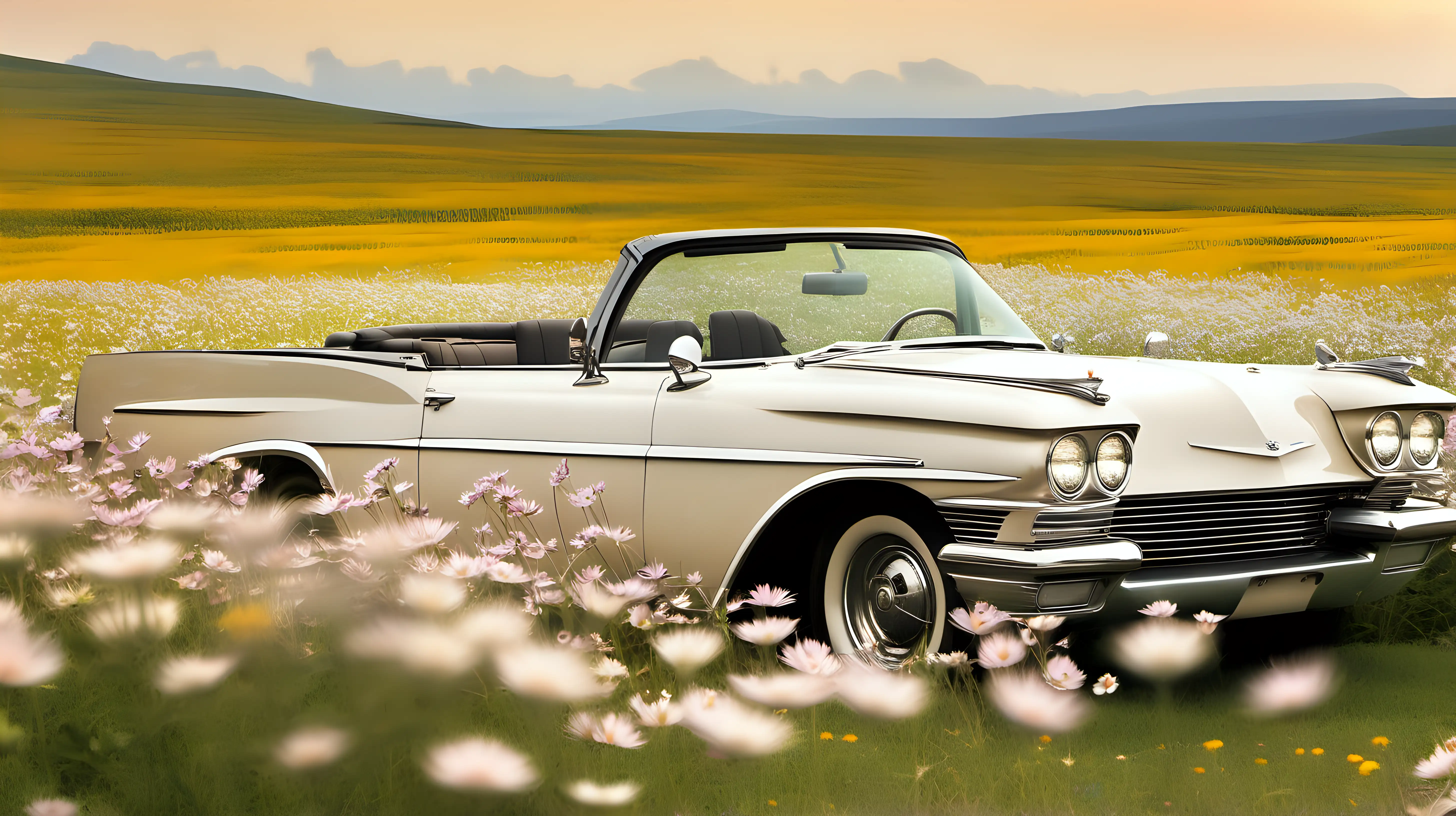 A beautiful ivory-colored convertible parked in a field of wildflowers, the soft petals contrasting with the car's glossy finish.