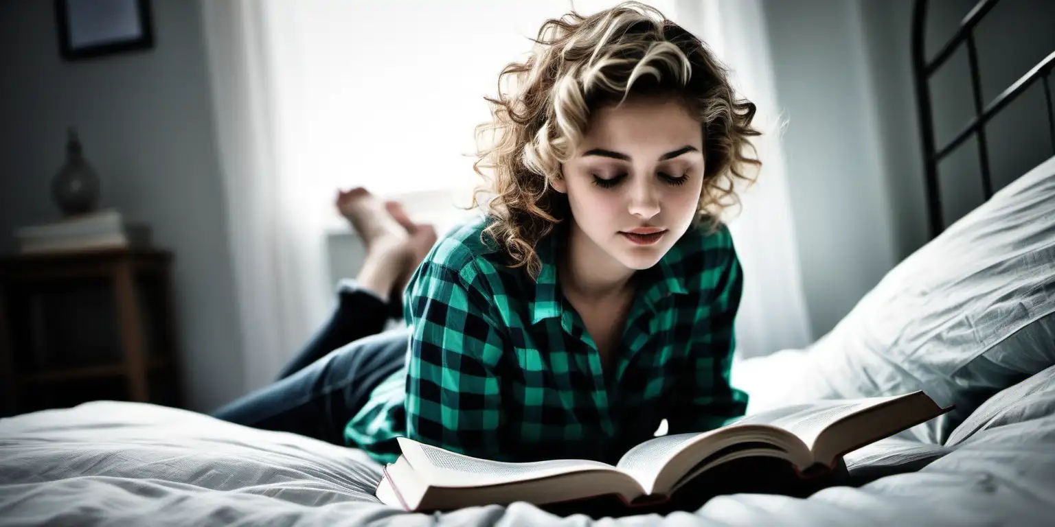 Relaxed Reading 28YearOld Woman Immersed in a Green Checkered Shirt