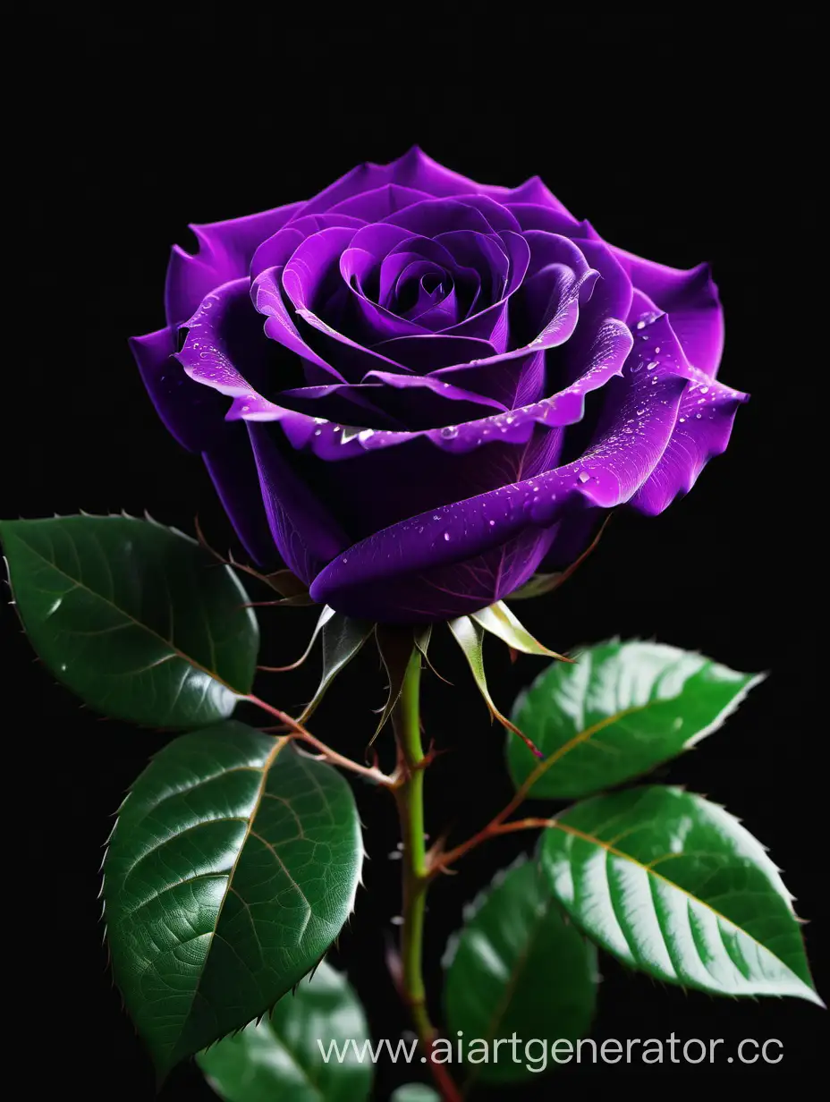 Vibrant-8K-HD-Purple-Rose-with-Lush-Green-Leaves-on-Dark-Background