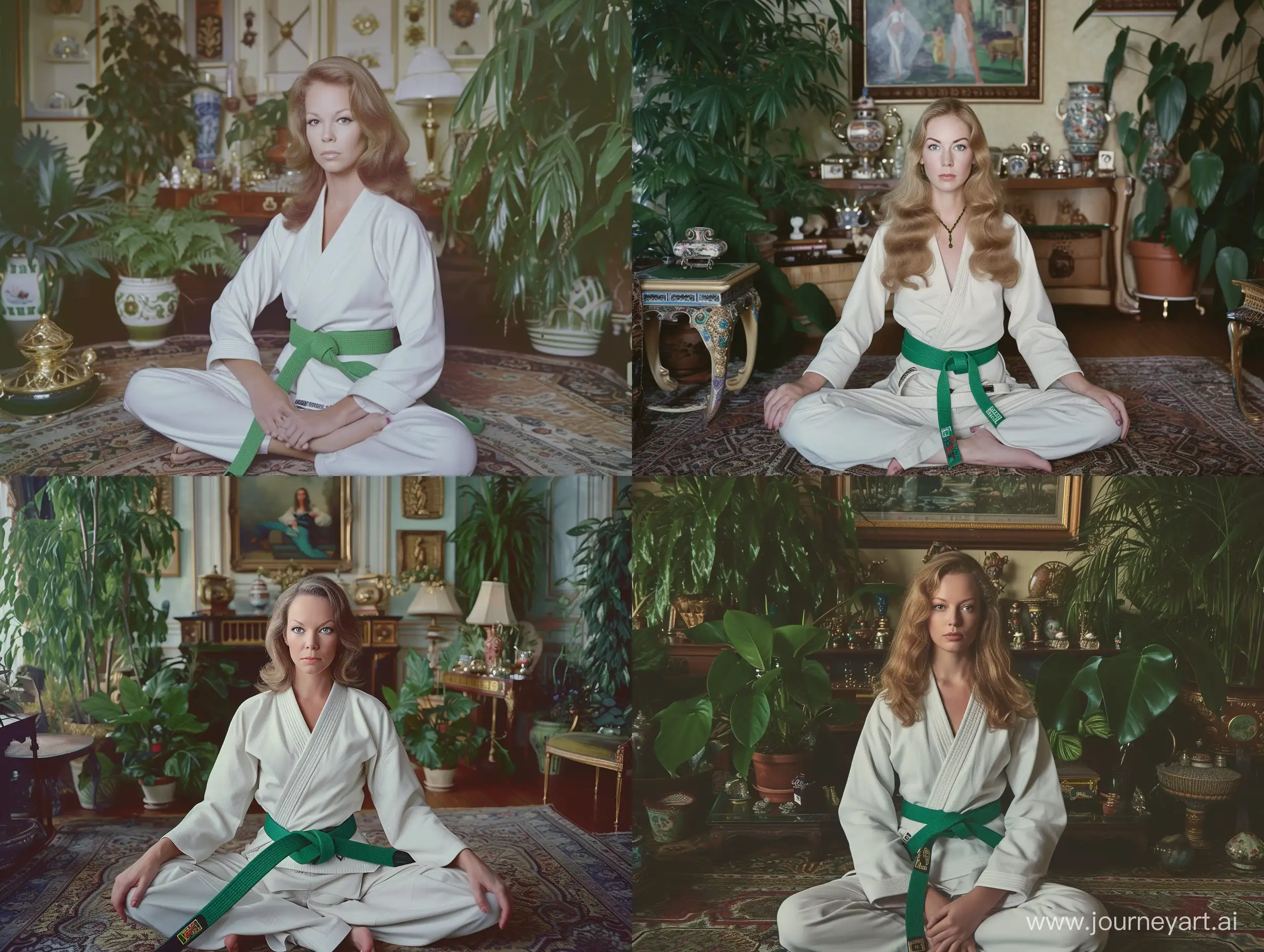 a 4K color photo taken by a professional photographer for a feminist magazine in the 70'. It shows a gorgeous Caucasian woman, 35 years old, who poses proudly in her wealthy living-room, among green plants, luxury trinkets and furniture, master. paintings She is wearing a white judogi with a green belt, sits cross-legged on a carpet and faces quietly with a clever and expressive look.
