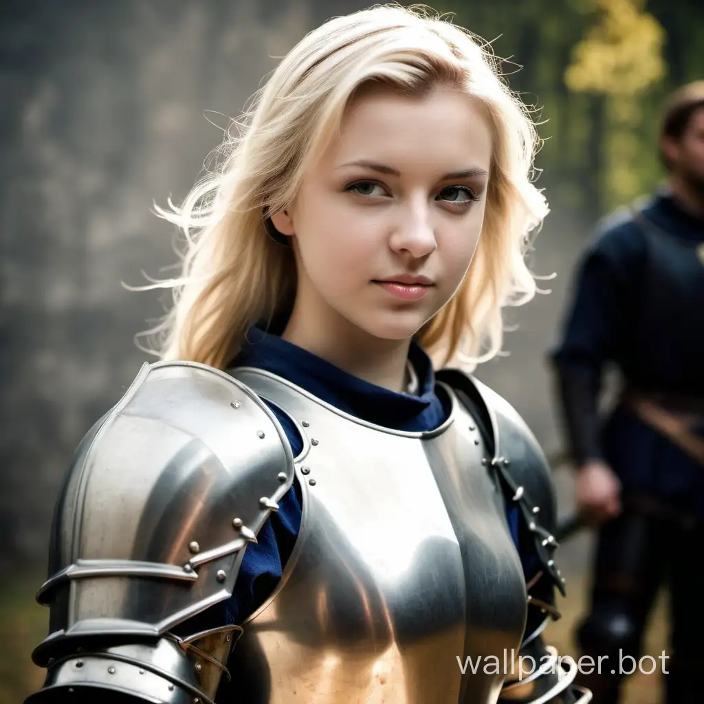 girl, blonde, 25 years old, girl knight, girl in armor, in the background
