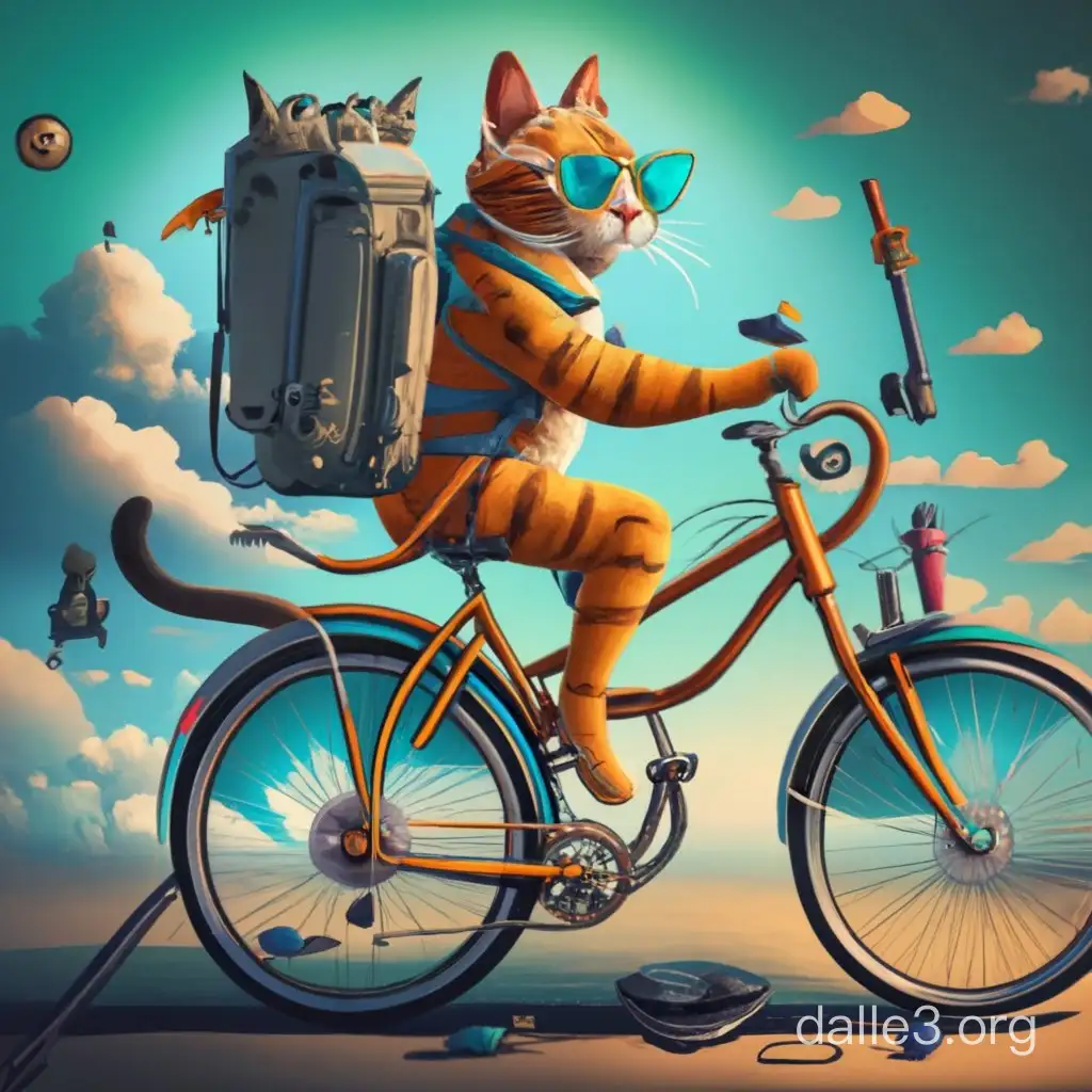 digital art, a strong and funny handsome cat does bicycle touring. On his futuristic style bicycle there are futuristic weapons, four bicycle bags, two in the back and two on the front and his bicycle is awesome. Every cat girl love and worship this cat from a distance