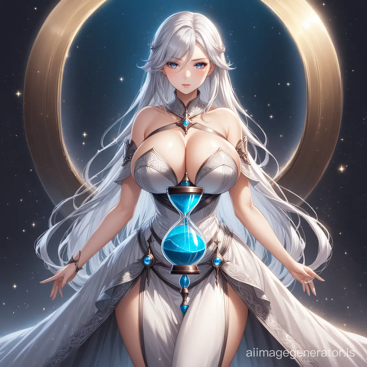 girl 
long completely light silver hair
angular face
hourglass figure
huge breasts
fantasy dress

