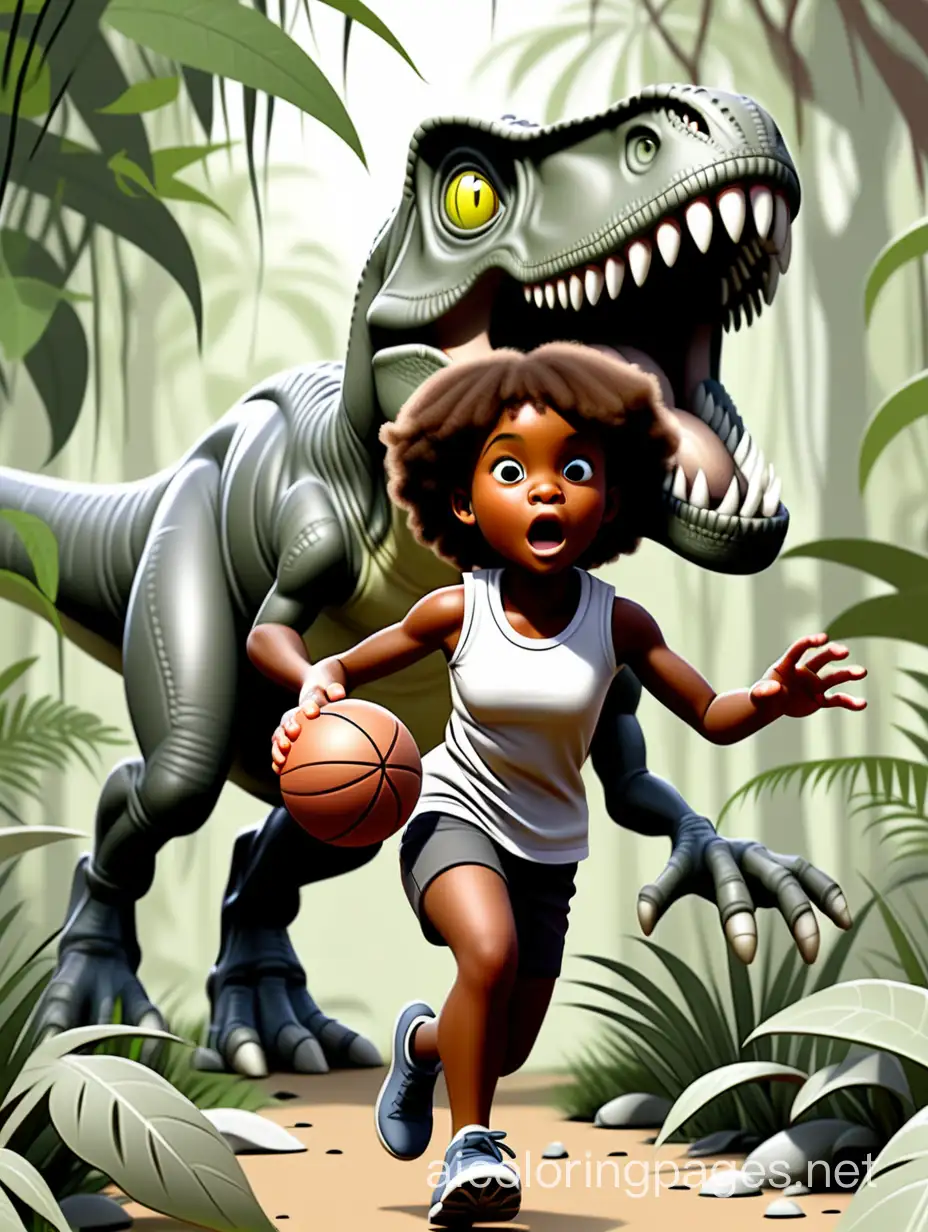 black kids run with the ball in the jungle and t-rex behind she, Coloring Page, black and white, line art, white background, Simplicity, Ample White Space. The background of the coloring page is plain white to make it easy for young children to color within the lines. The outlines of all the subjects are easy to distinguish, making it simple for kids to color without too much difficulty