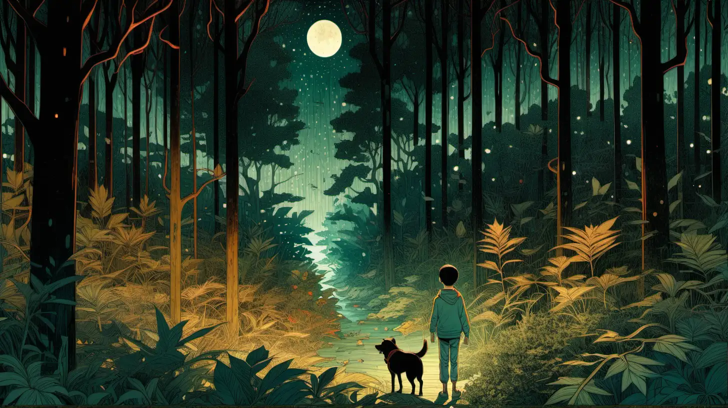 art by Victto Ngai, a boy and his dog, in a dense forest at night time. wide shot
