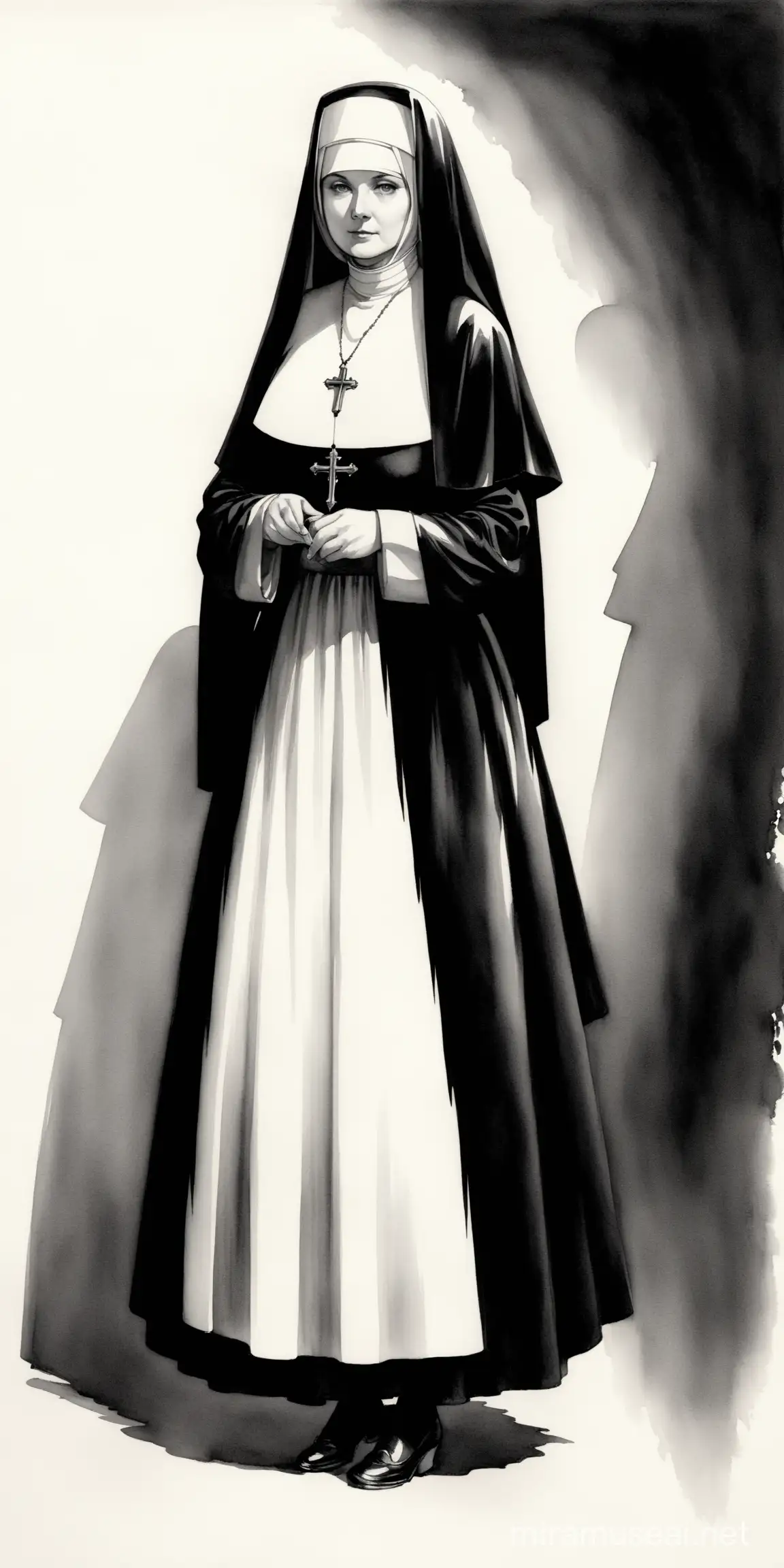 Mature nun, Victorian era, ink painting, black and white, more shadows, two shades