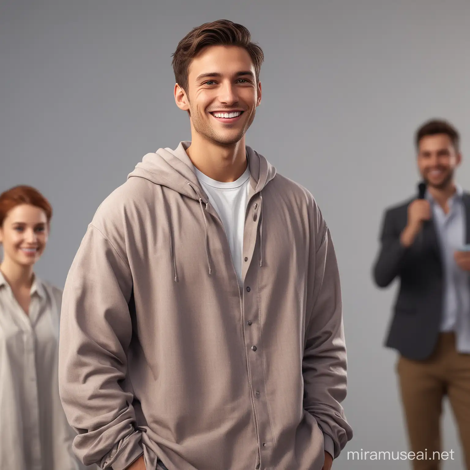 an attractive young male being interviewed on an event, wearing oversized clothes, smiling, photorealistic