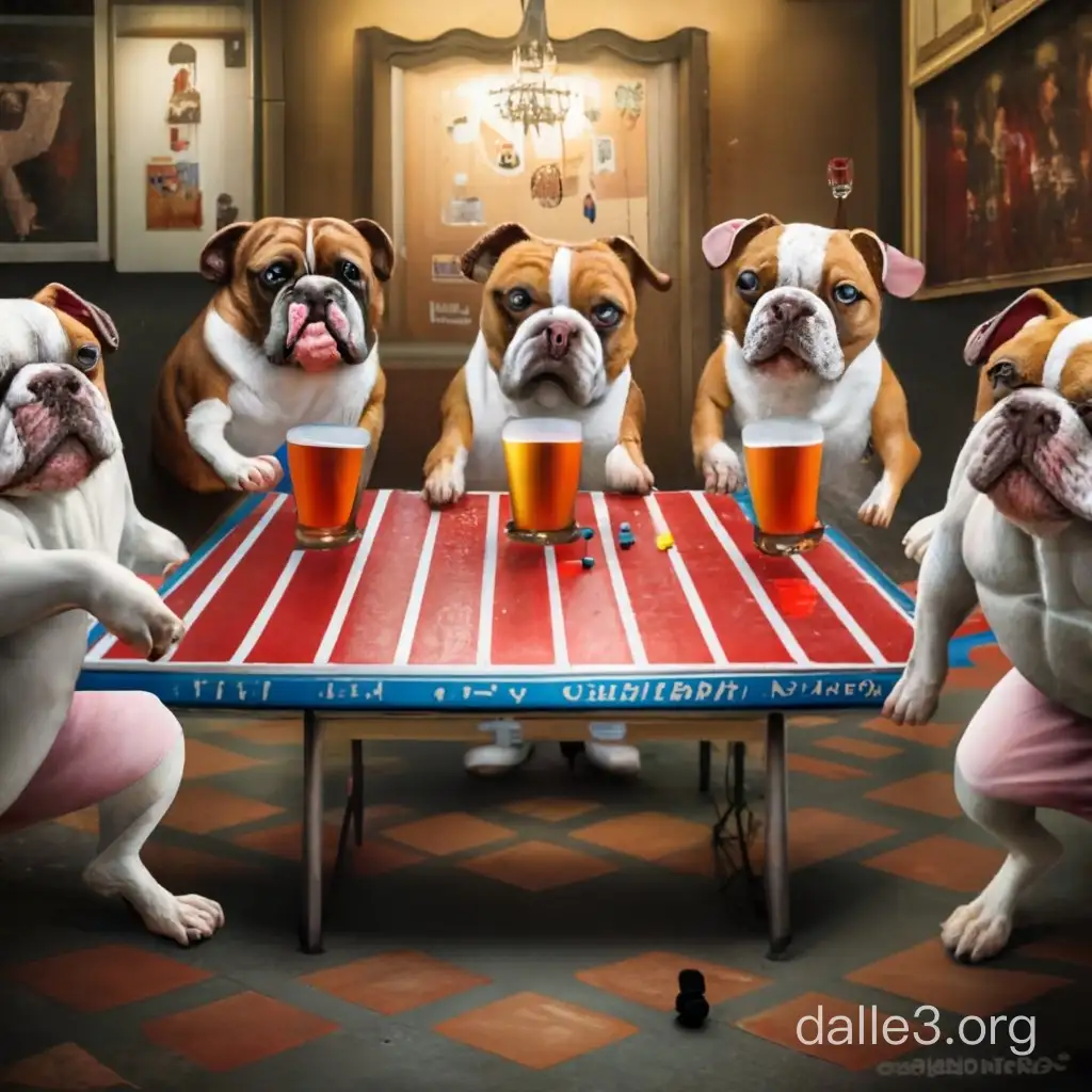 Several anthropomorphised xL bully dogs playing beer pong, photorealistic 