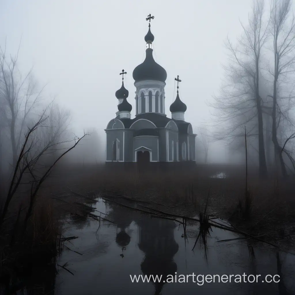 Православная церковь в тумане, серая погода, топь, множество теней пытаются сломать дверь в церковь, 