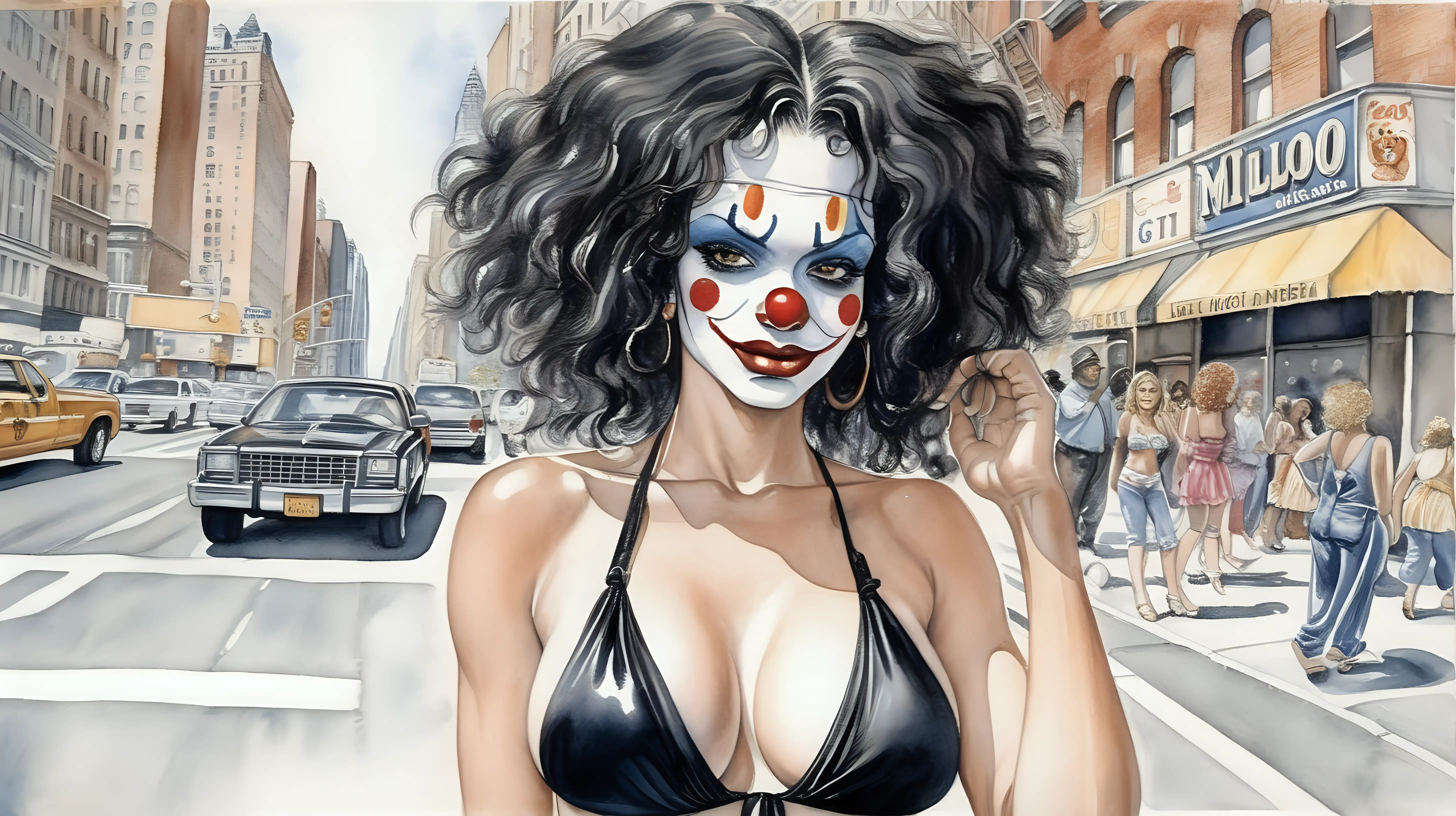 Seductive Clown in Milo Manara Style on New York Street