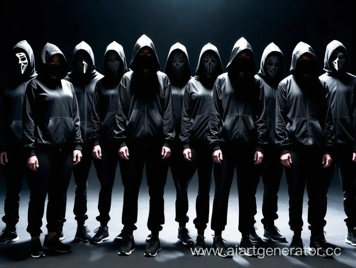 Девять персонажей в зеркальных масках закрывающие лицо полностью стоят в темноте, одеты в черную спортивную одежду с капюшоном
