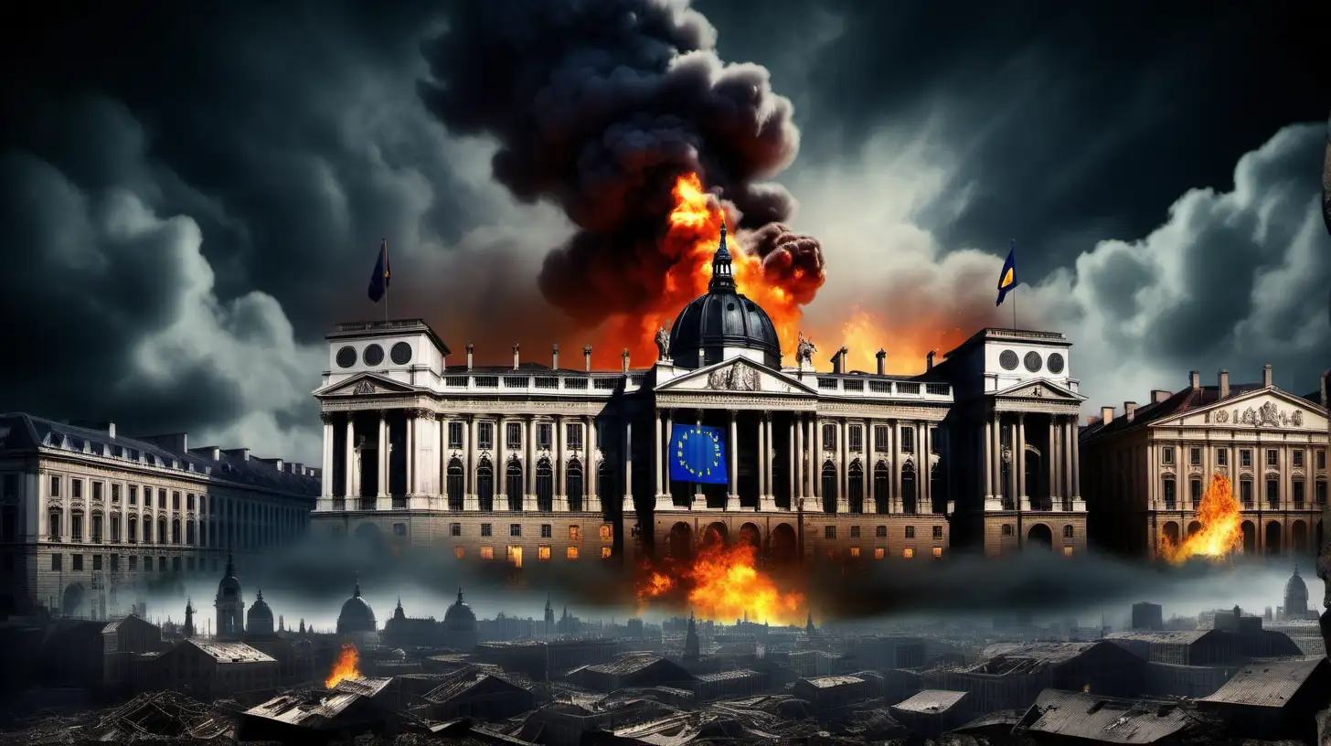 eu old government and buildings in dark place and clouds, depicting europe crisis, with fire at bottom 