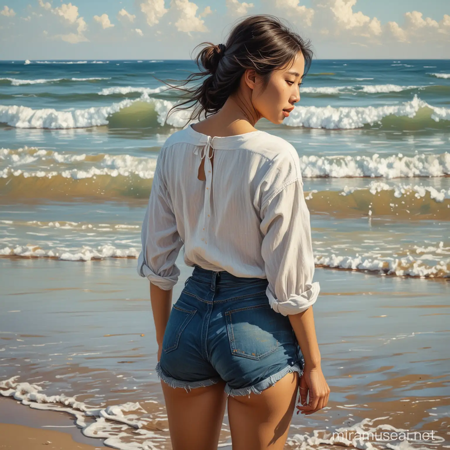 painting in style of Van Gogh of a young Chinese woman on beach with her back to the sea. Her face is heartbreakingly beautiful. She wears jean shorts and a white shirt. Her dark complexion suggests a gypsy spirit. She is obviously high-spirited. her feet are shown in the water
