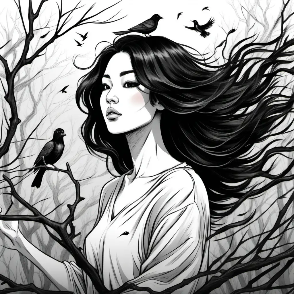 draw a picture From a woman with black hair. that the wind blew in his hair and the woman's hair is surrounded by tree branches and a bird sitting on the branch.