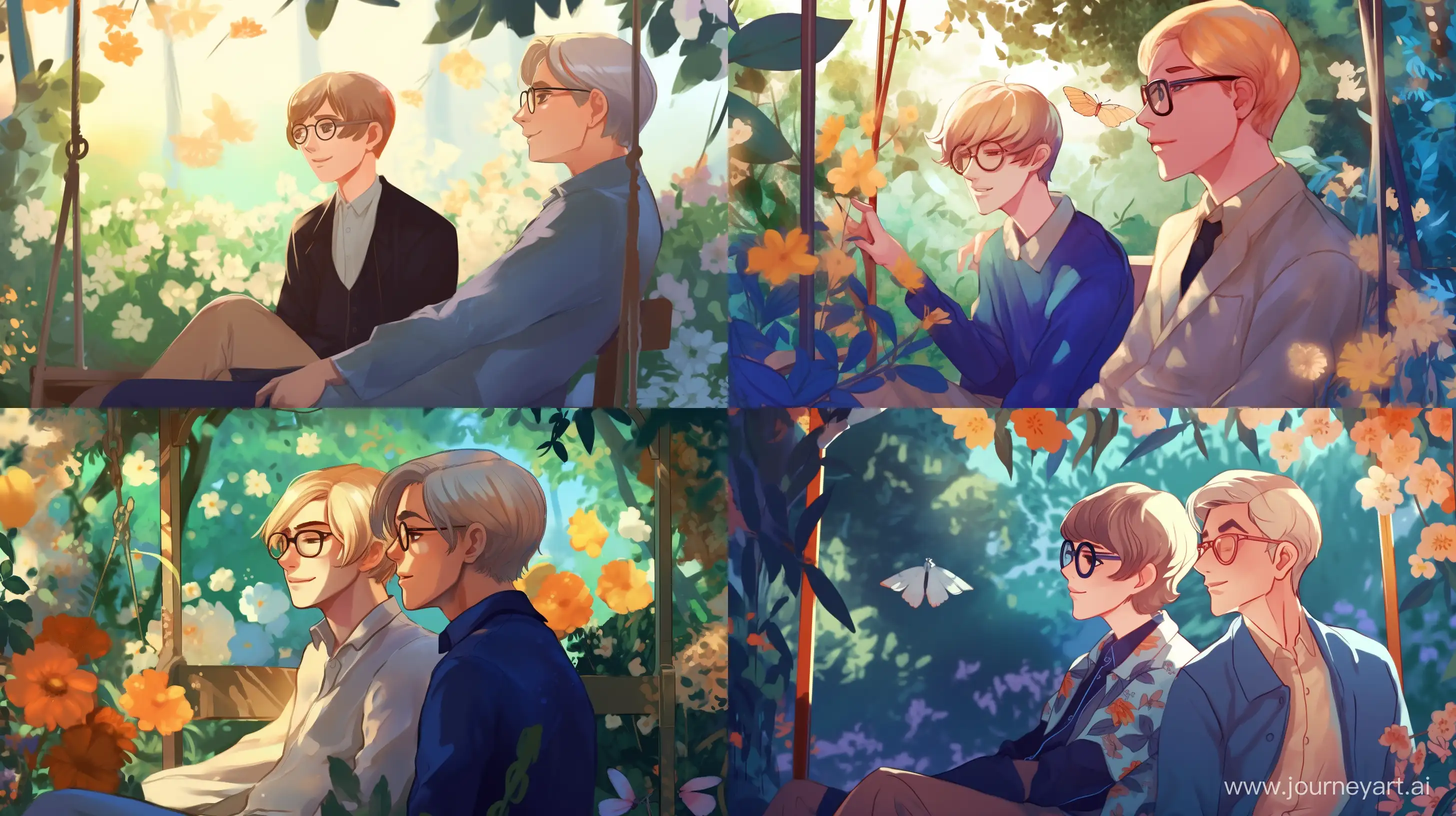 A fair-haired guy in a blue coat and a guy with a bob haircut and glasses are sitting on a swing, surrounded by lush greenery of the garden. The sun's rays penetrate the foliage, creating playful shadows on their faces. The air is filled with the smell of blooming flowers. The mood is filled with nostalgia and tranquility, capturing moments of memories of the past. The image must be made in a bright, realistic 8k style. --ar 16:9 --v 5 --q 2