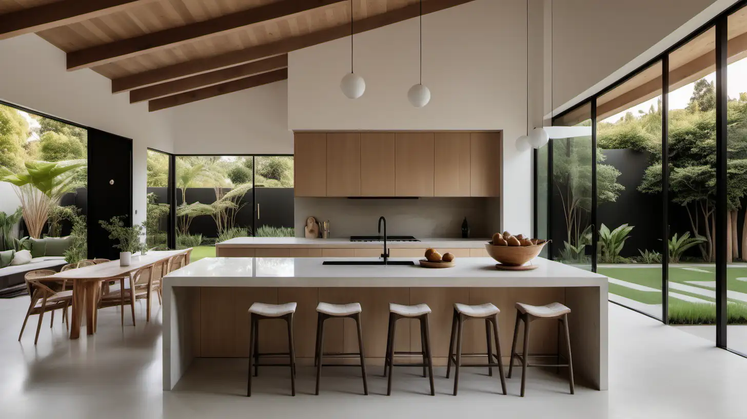 a large estate home in organic minimalist modern japandi style kitchen and garden