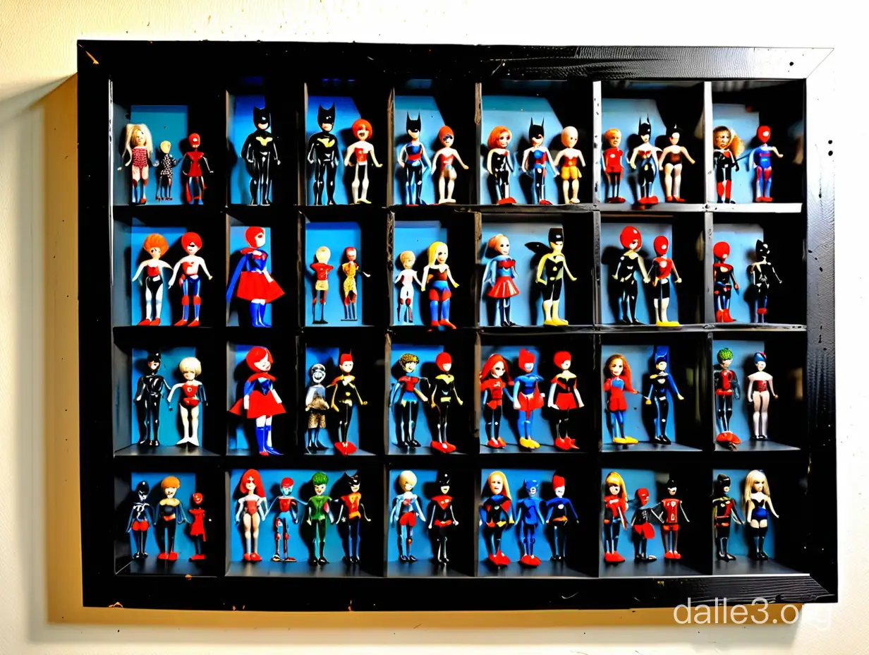 Hanging Mixed media art piece shadow box, each compartment filled with aged antique doll parts and miniature generic superhero action figures, painted black