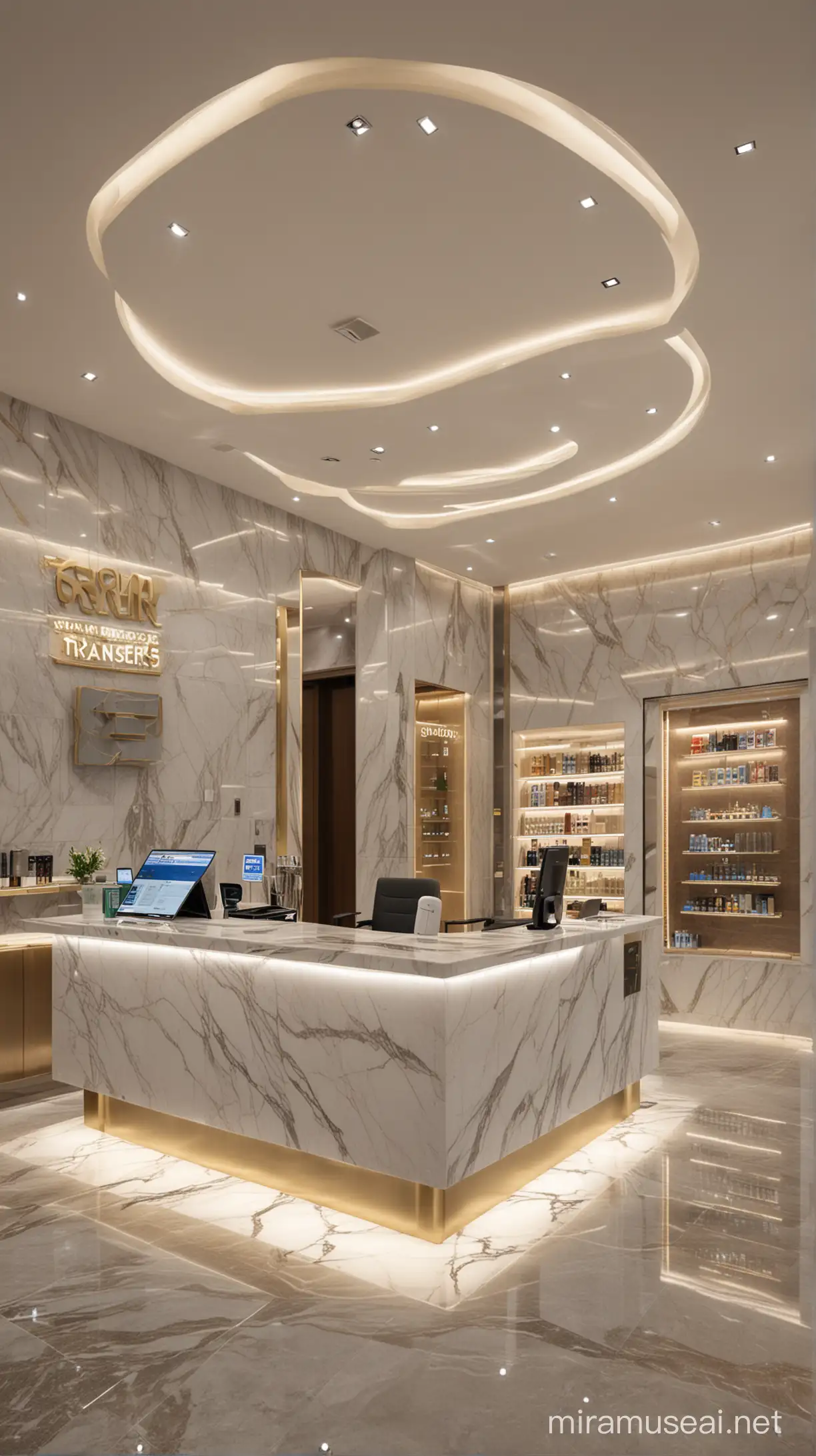 Ultra Modern Money Transfer Shop with Cellphone Area and Marble Flooring