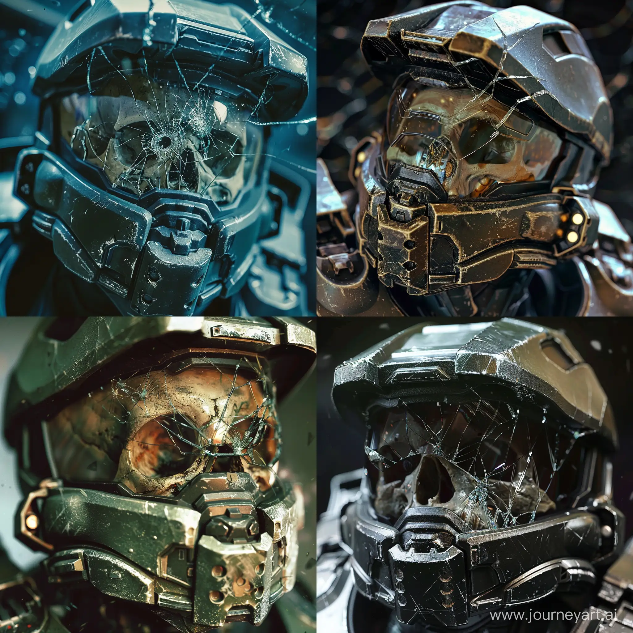 A close-up of the broken helmet of the Spartan from the Halo game with a broken glass, from under which the skull of the deceased is visible. The skull is also cracked