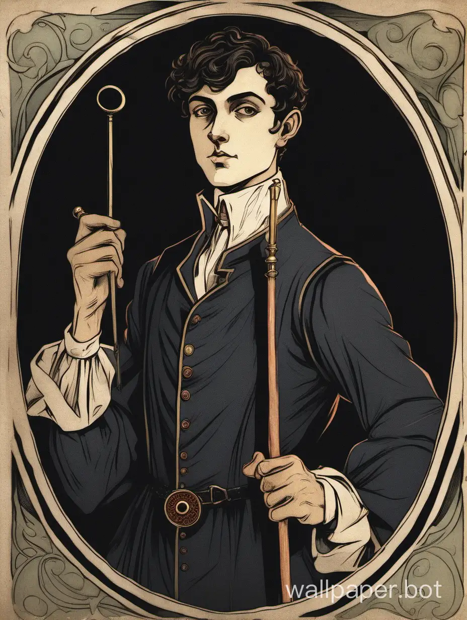 A young man of the Middle Ages with a cane and a monocle, dark short hair