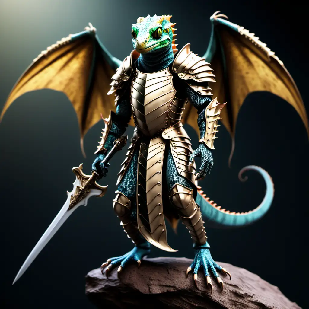 Majestic Gecko Knight in Realistic Armor with Reptilian Wings