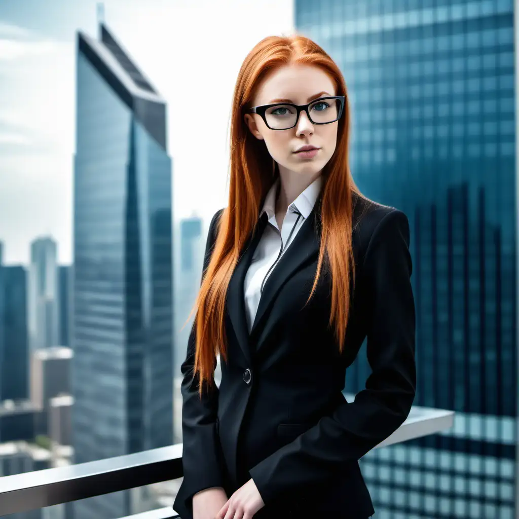 fit beautiful girl, straight ginger hair, black rim square glasses, black tailleur, skyscraper office, day
