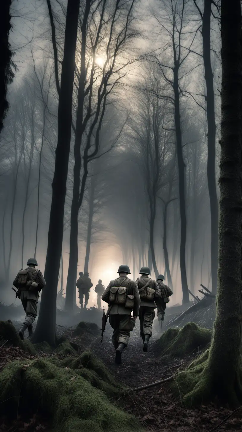 A misty dawn in the Ardennes Forest, 1944, with Allied and German soldiers in battle, ghostly shadows moving subtly among the trees in the background, a tense atmosphere of an unseen threat, wide angle, hyper-realistic, photo realism, cinematography style —ar 9:16