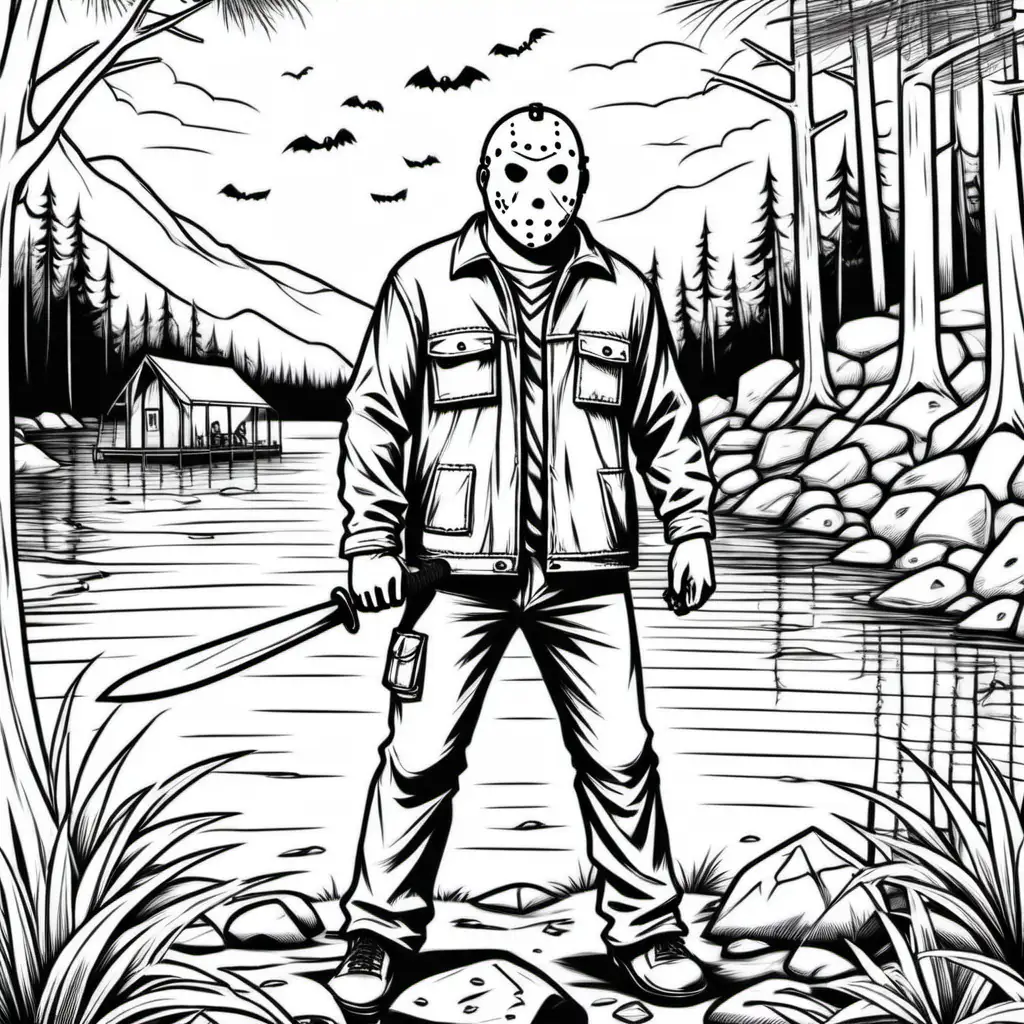 simple white and black coloring book image of Jason Voorhees at camp crystal lake