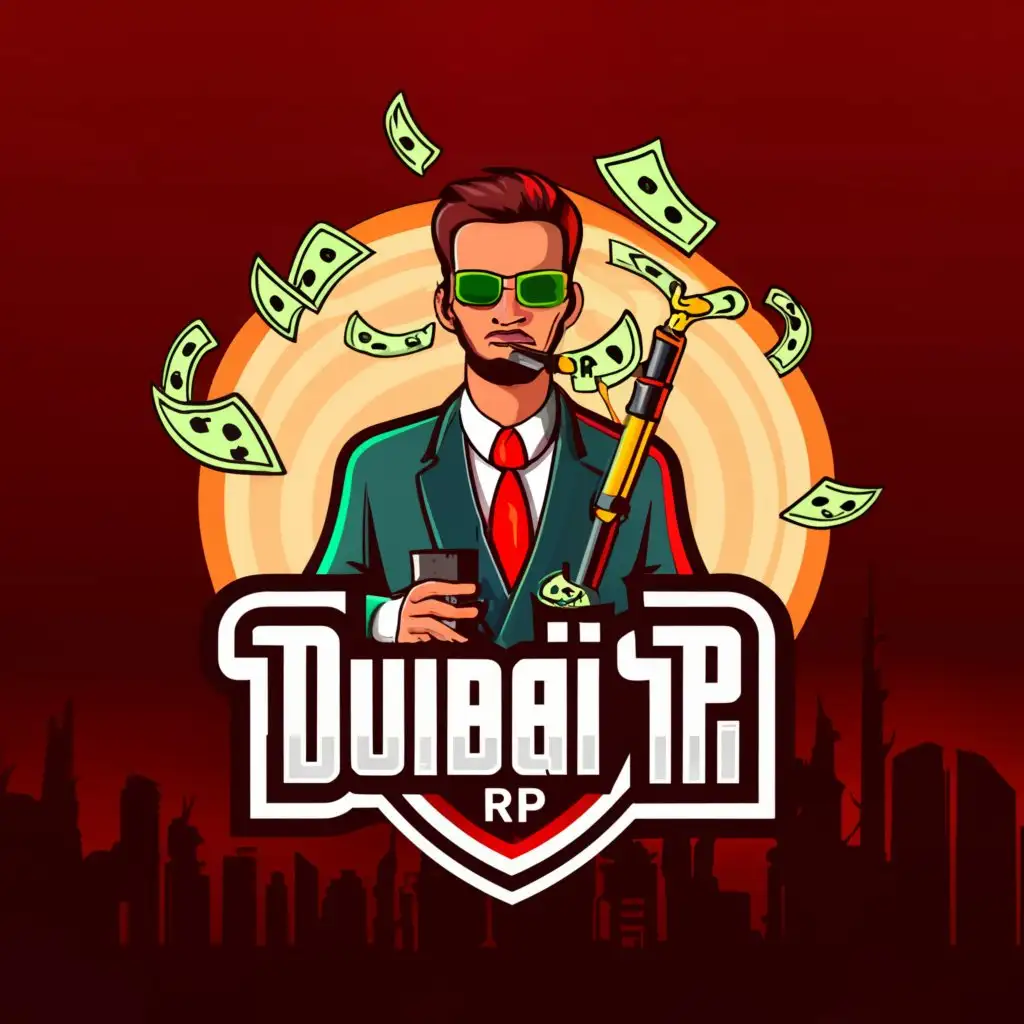 a logo design,with the text "Dubai RP", main symbol:Put a hookah in the logo, draw it in the style of GTA V. I need there to be money flying as it is a logo for a Roleplay server. I also want there to be a person in the middle with a (free style) suit and for the logo to have a GTA 5 background.,Minimalista,be used in Tecnología industry,clear background