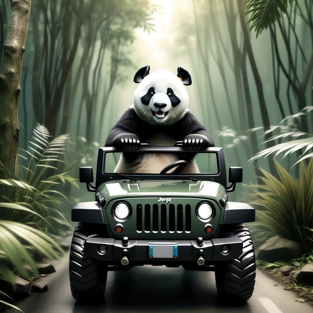 Realistic panda bear driving a jeep in jungle
