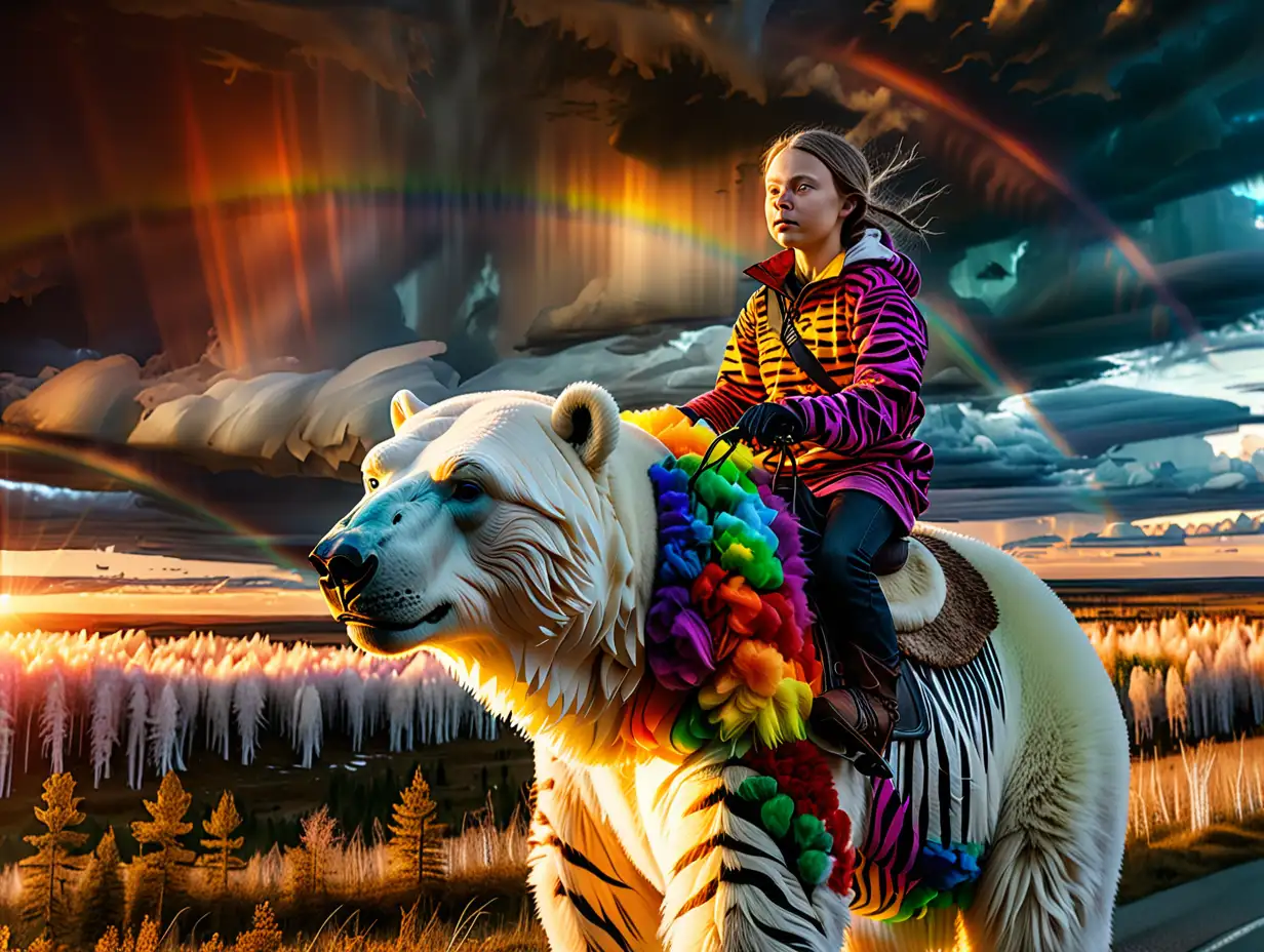 very cinematic and nice Greta Thunberg riding a giant giant polar bear with rainbow zebra strips and overlooking a wide swedish county landscape, colorful sunset clouds big swedish tundra landscape vivid uhd 8k very atmospheric Nikkon professional photography Greta Thunberg showing affectionate ride on the majestic big big bear extremely photorealistic high detailed sharp focus intricate cinematic 